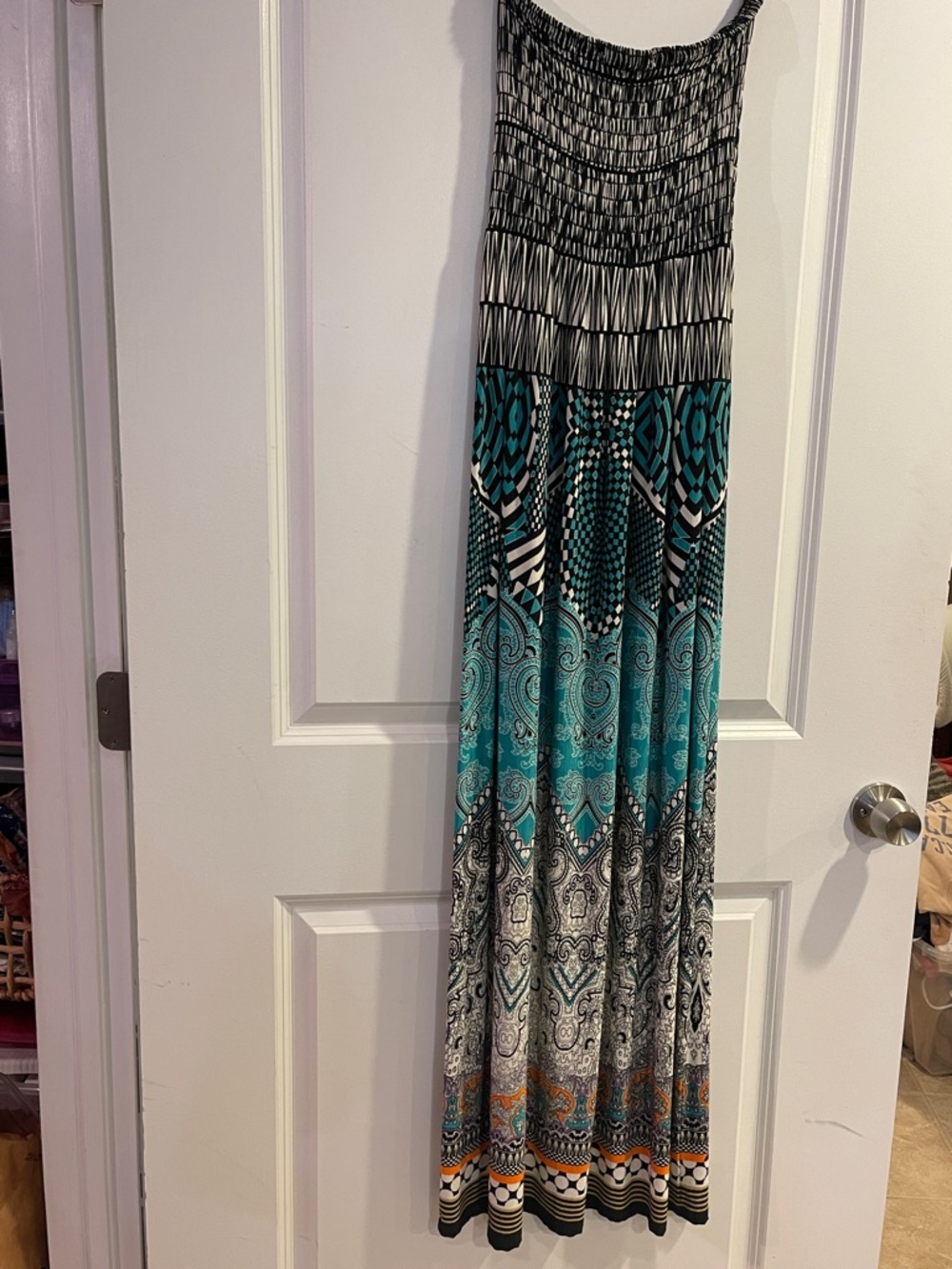 Green Envelope Strapless Teal Black Patterned Maxi Dress